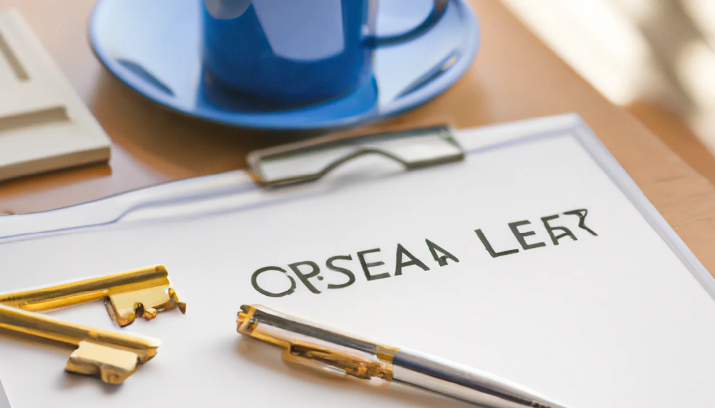 Real-estate offer document on a desk with keys, coffee, and a fountain pen