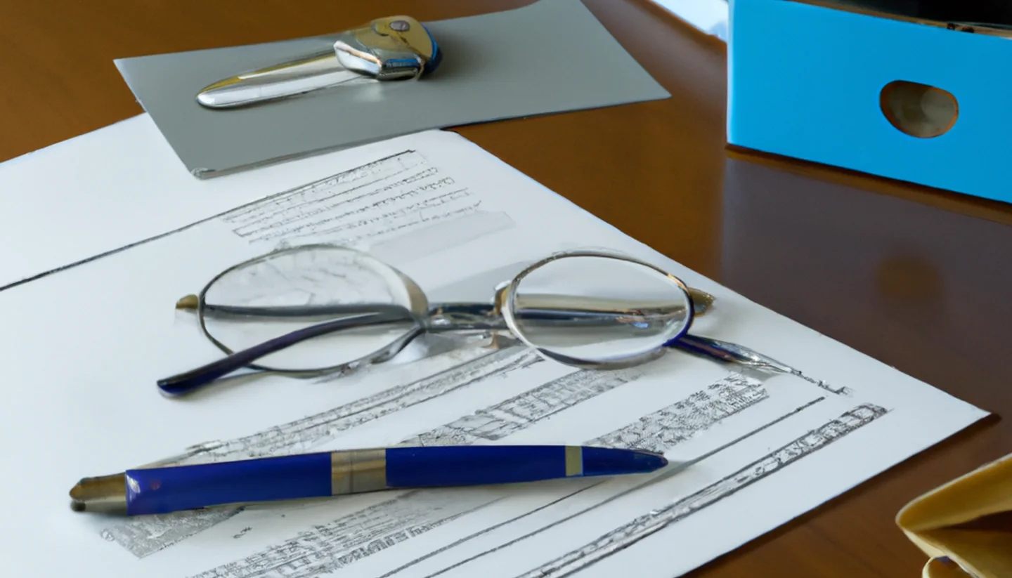 Legal real-estate documents with a notary embosser and fountain pen on a wooden desk