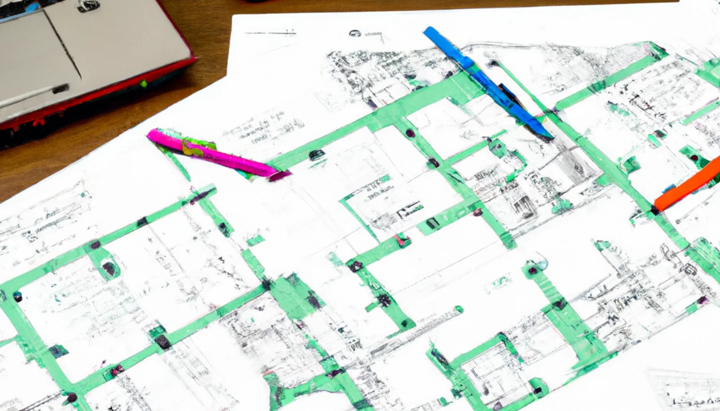 Conference table with subdivision site plans, zoning maps, and a laptop showing aerial imagery